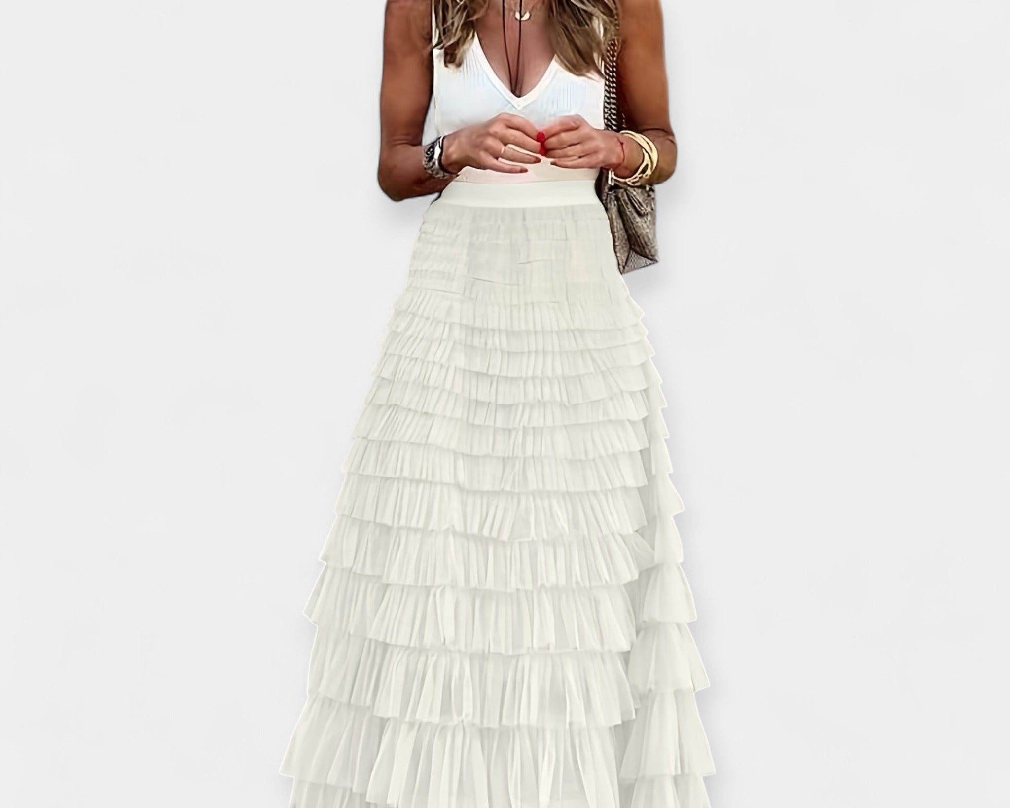 Boho Sukně s Síťovaným Saténovým Lemem