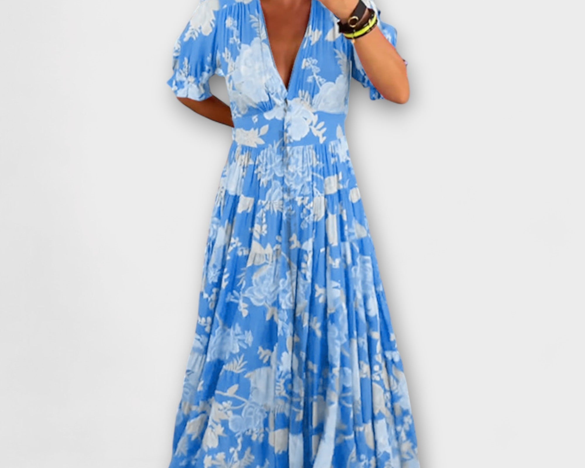 Catrisa - Kvetinový vzor V-krk šaty s kapsami