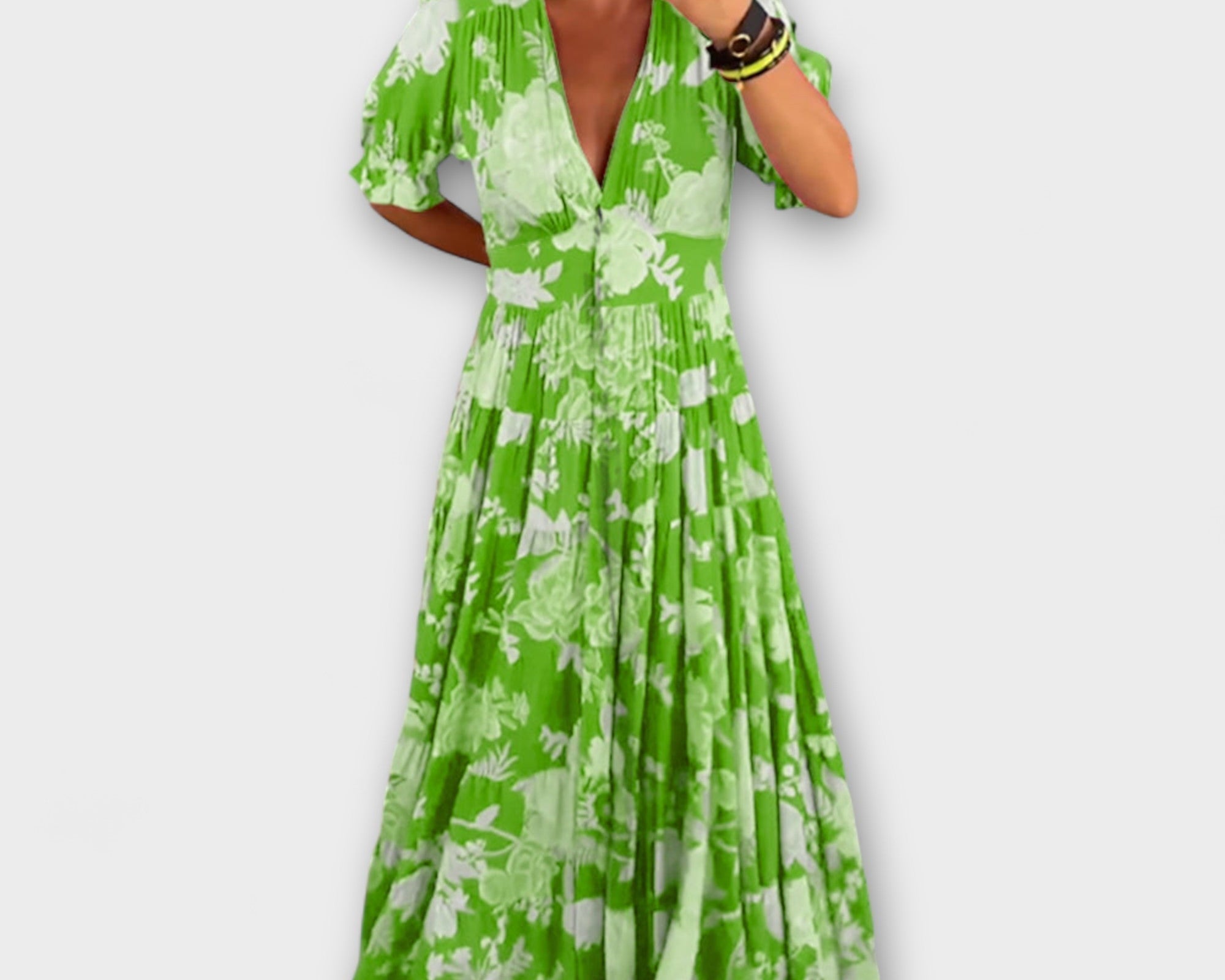 Catrisa - Kvetinový vzor V-krk šaty s kapsami