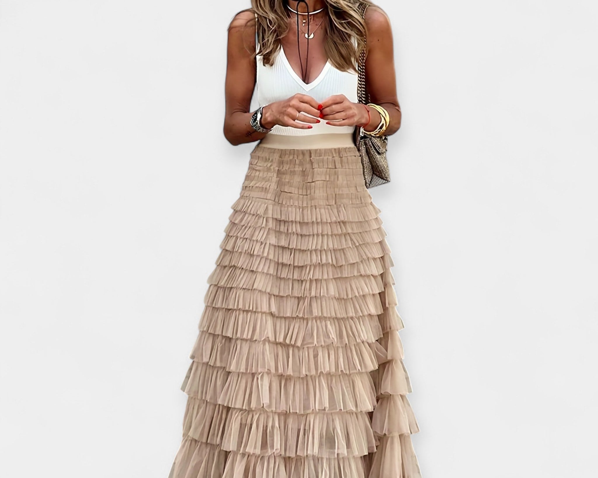 Boho Sukně s Síťovaným Saténovým Lemem