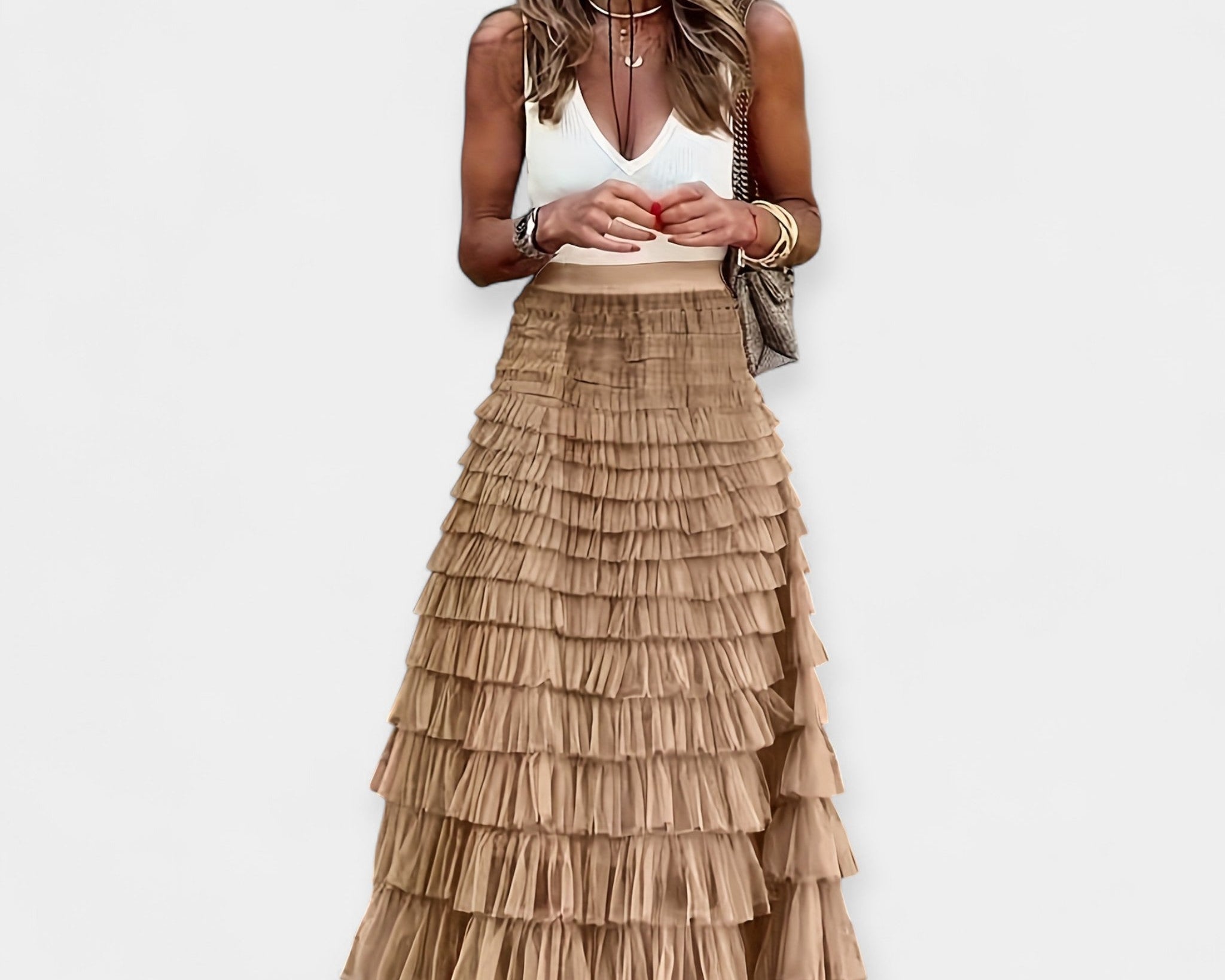 Boho Sukně s Síťovaným Saténovým Lemem