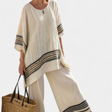 Souprava Středomoří Daisy z bensového lnu s elegantními červenými a zelenými pruhy