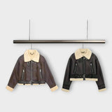 Kožená Krátká Bunda s Kožešinou a Páskem 