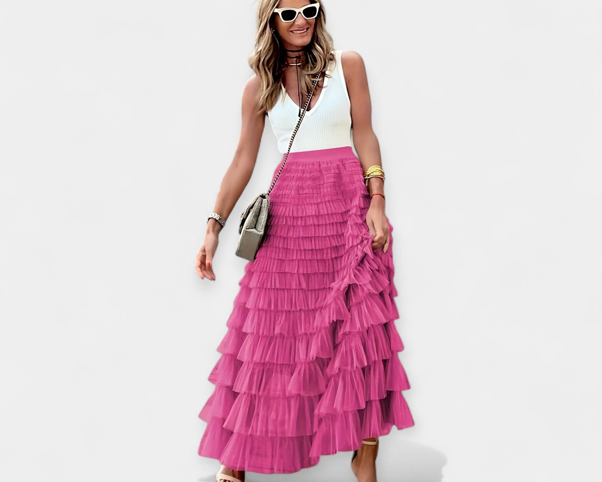 Boho Sukně s Síťovaným Saténovým Lemem