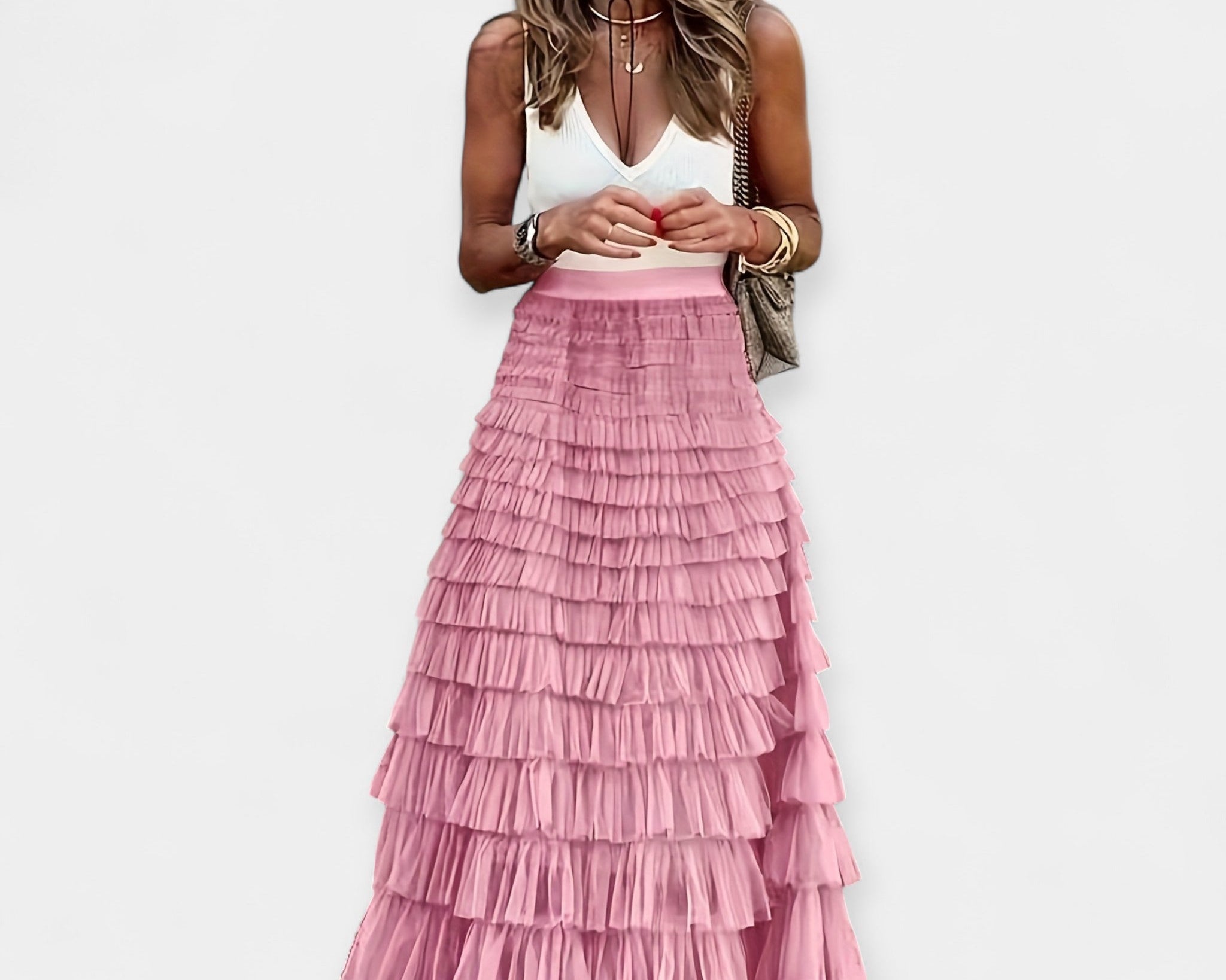 Boho Sukně s Síťovaným Saténovým Lemem