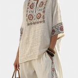 Souprava Středomoří Daisy z bensového lnu s elegantními červenými a zelenými pruhy