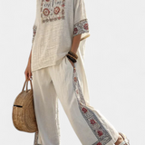 Souprava Středomoří Daisy z bensového lnu s elegantními červenými a zelenými pruhy